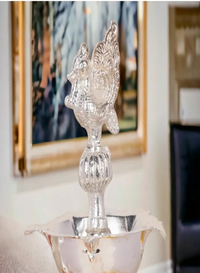 Sigaram 8 Inch German Silver Diya with Peacock Handle for Home Temple Pooja Decore K4240 - Image 3